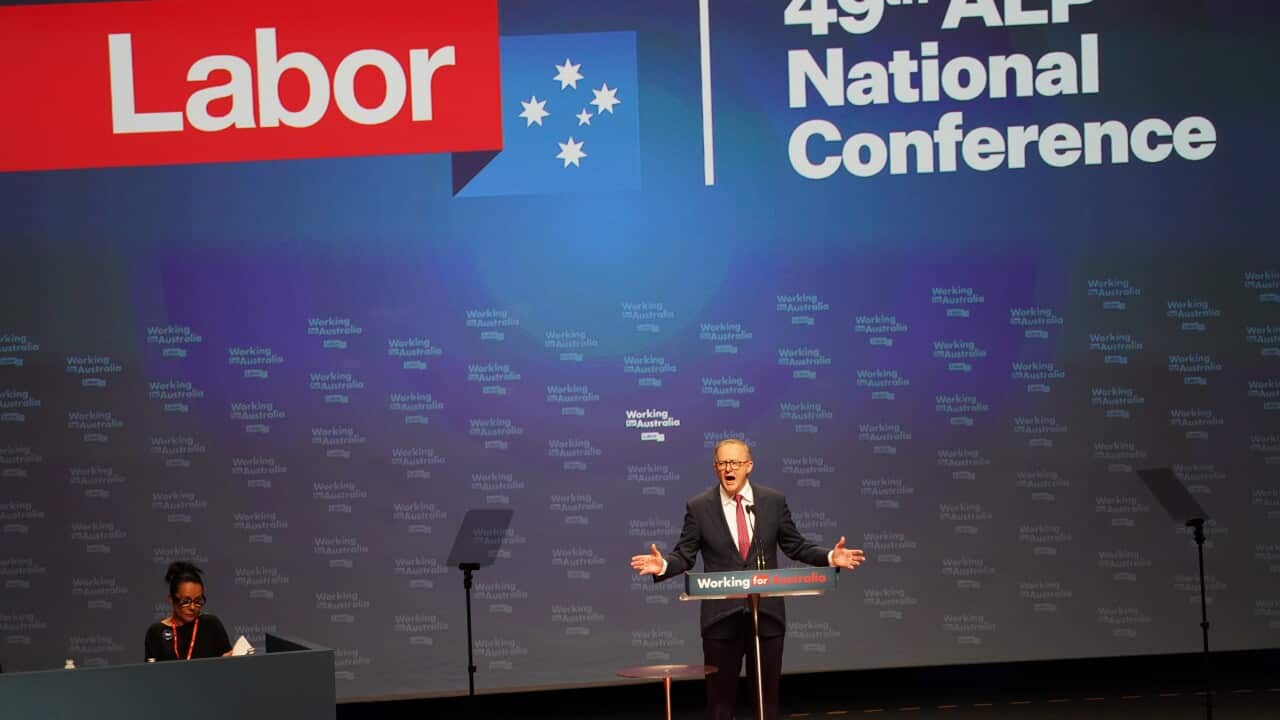 Prime Minister Anthony Albanese speaks during the 49th ALP National Conference 2023 at the Brisbane Convention and Exhibition Centre in Brisbane, Saturday, August 19, 2023.
