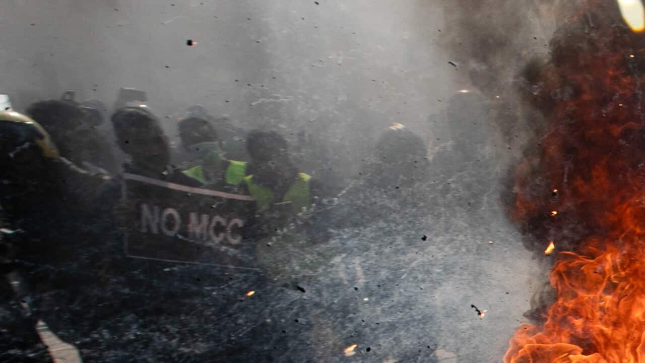 Different political parties youth wings clash with Nepal police outside Federal Parliament in protest against a US$ 500 million grant known as the Millennium Challenge Corporation (MCC) pact. The agreement, signed in 2017, is yet to be ratified by parliam