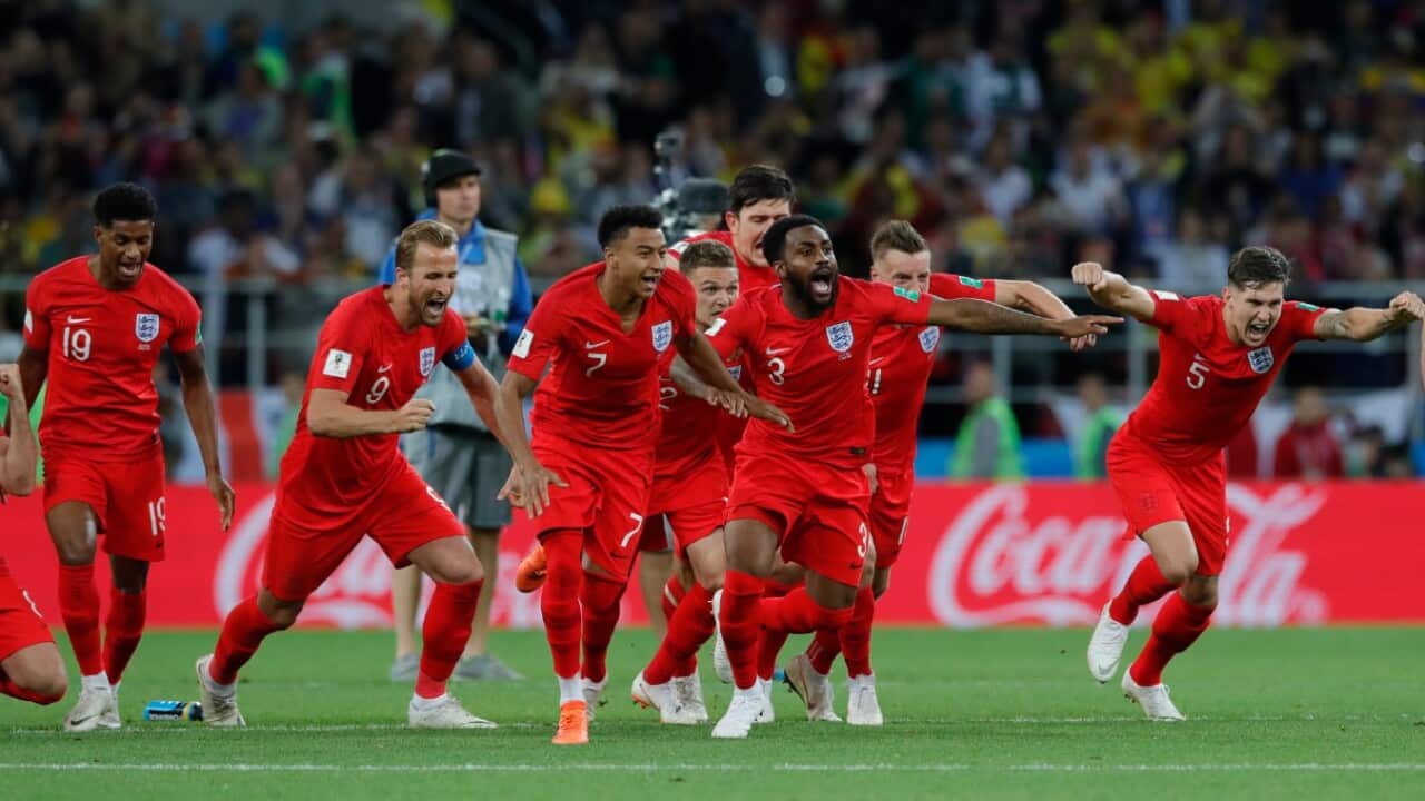 England's players celebrate after defeated Colombia in a penalty shoot out during the round of 16 match between Colombia and England 