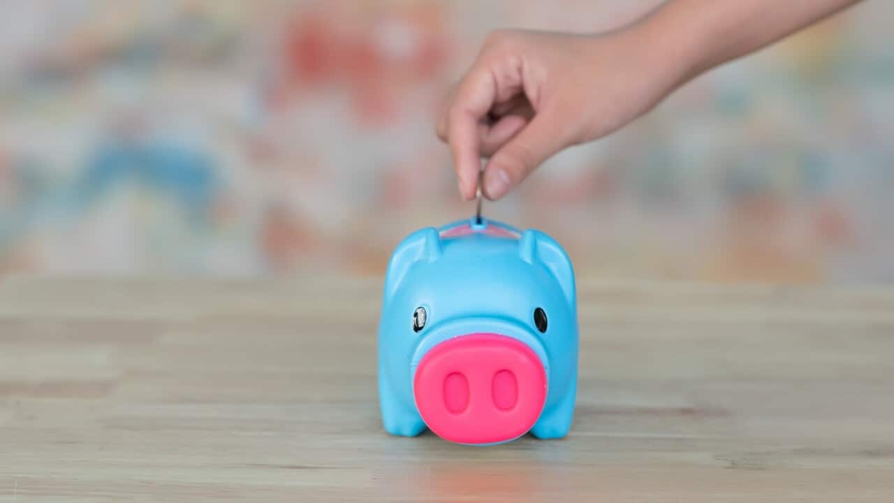 Close-up of a young woman's hand putting a coin in a piggy bank, ideas and financial growth