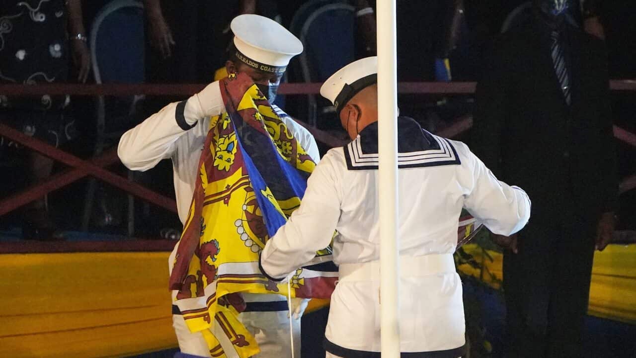 The Royal Standard is lowered in Barbados