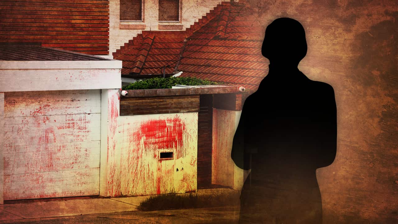 A composite image of a woman's silhouette in front of a graffities house