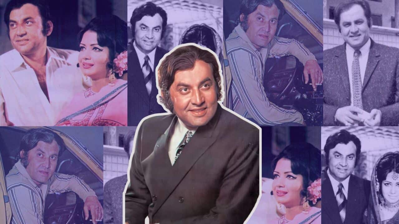 Picture of Pakistani actor Mohammad Ali super imposed on a collage of his posteres in coloured and balckand white.