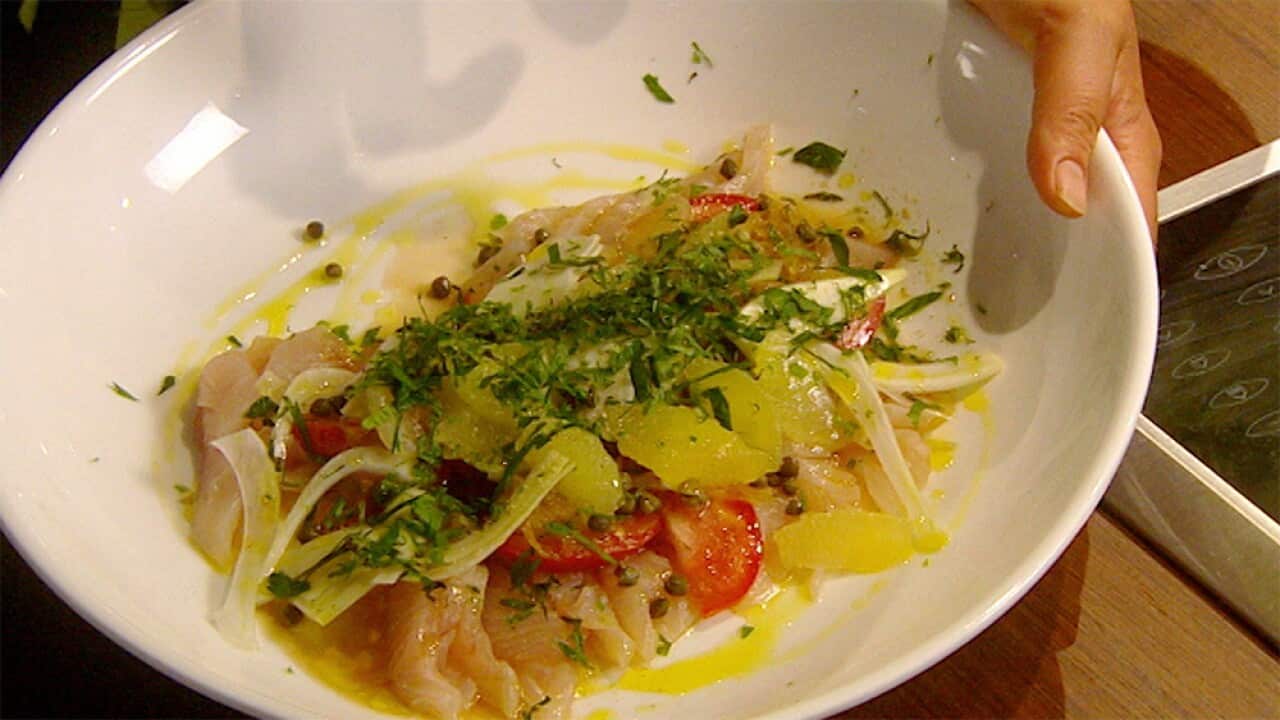 Hiramasa served raw, with sour, salty and fragrant dressing