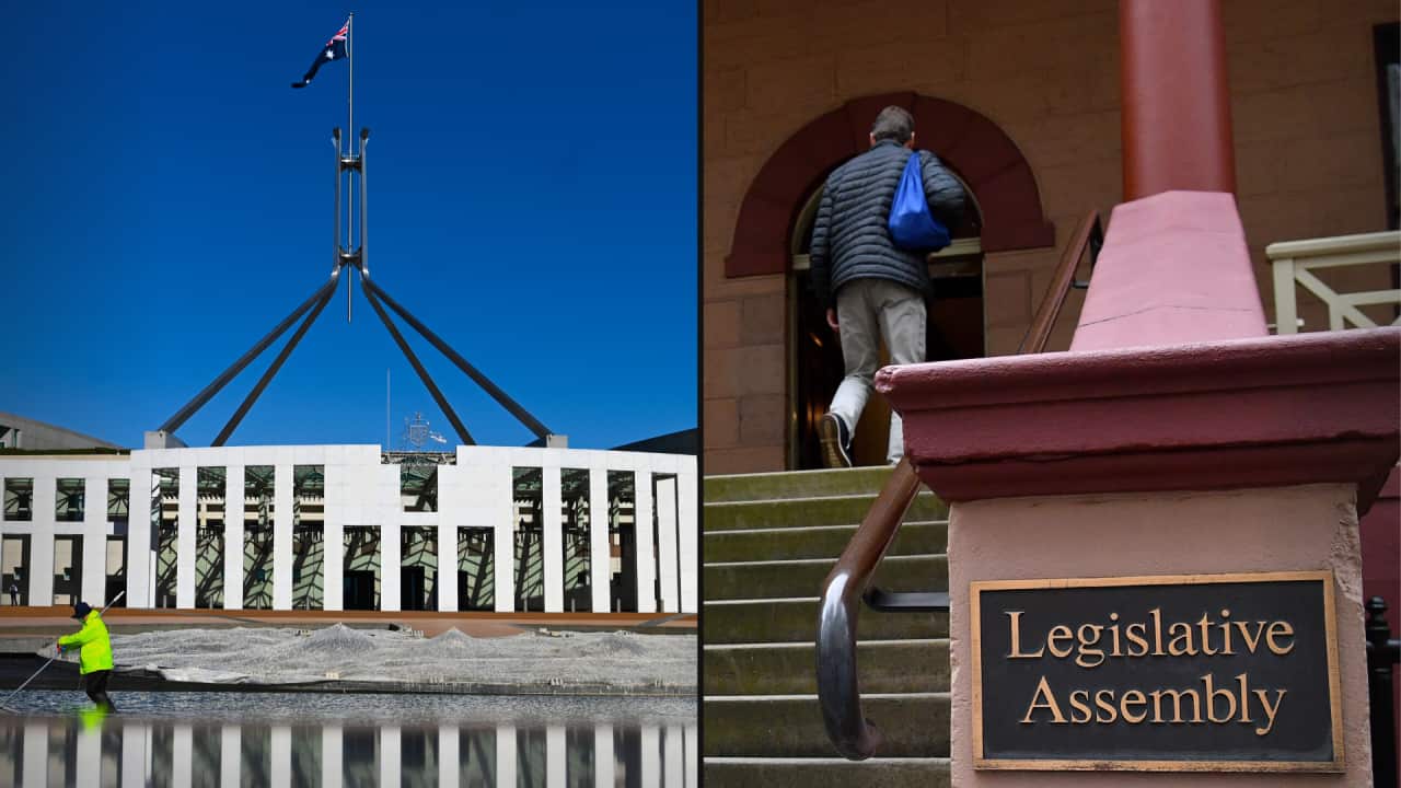 A composite image shows parliament house in Canberra and the entrance to the NSW legislative assembly.