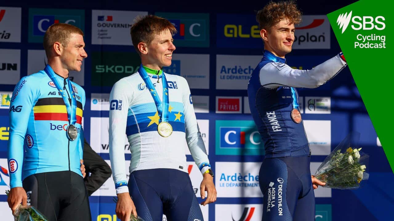 Belgium Remco Evenepoel, Slovenia Tadej Pogacar and France Paul Seixas pictured on the podium after the Men Elite road race, a 202,5 km from Privas to Guilherand-Granges, at the UEC road European cycling championships, Sunday 05 October 2025, France. The European cycling championships Drome-Ardeche takes place from 1 to 5 October, France. BELGA PHOTO DAVID PINTENS (Photo by DAVID PINTENS/Belga/Sipa USA) Source: SIPA USA / Belga/DAVID PINTENS/Belga/Sipa USA