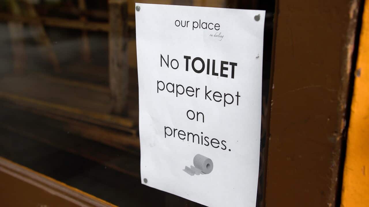 Signage is seen on the entry of Our Place cafe in Balmain Woolworths, Sydney, Saturday, March 7, 2020. Australians are stockpiling toilet paper over Coronavirus fears. (AAP Image/Bianca De Marchi) NO ARCHIVING