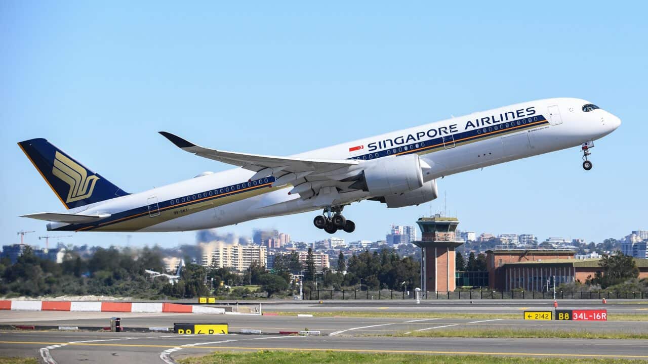 A Singapore Airlines Airbus A350-900 aircraft takes off at Kingsford Smith International airport on 5 August, 2020 in Sydney.