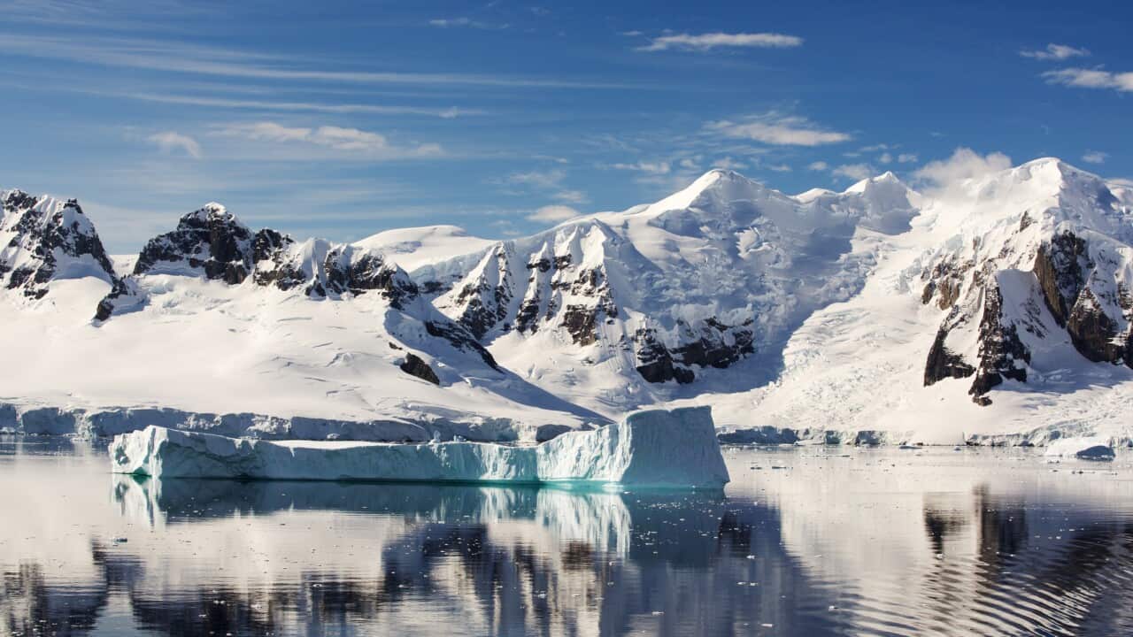 The Gerlache Strait separating the Palmer Archipelago from the Antarctic Peninsular off Anvers Island. The Antartic Peninsular is one of the fastest warming areas of the planet.