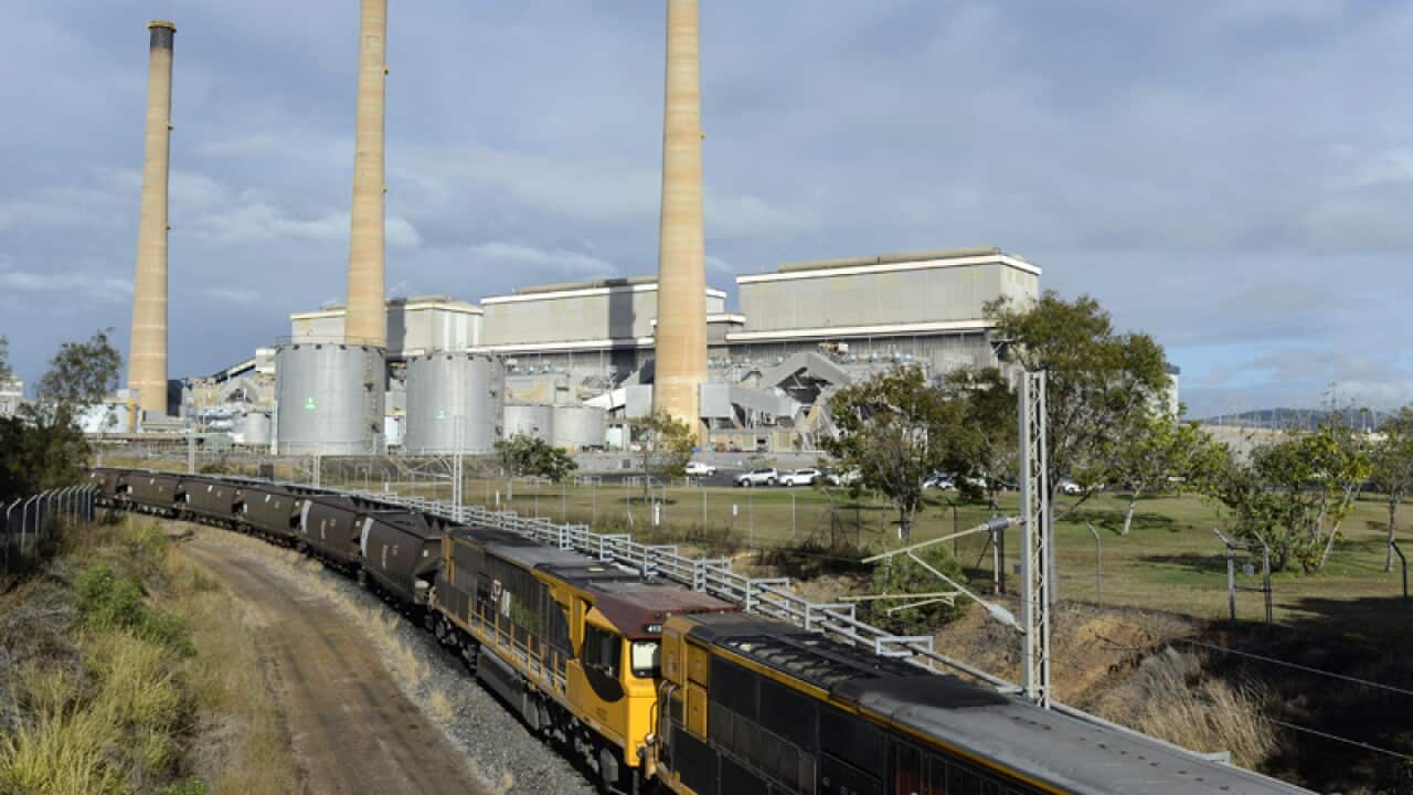 A coal train leaves the Gladstone Power Station