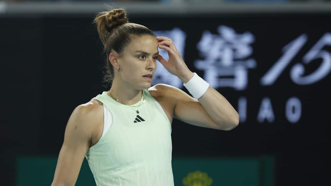 Maria Sakkari of Greece reacts during her second round match against Elina Avanesyan of Russia at the Australian Open tennis tournament in Melbourne, Australia, 17 January 2024.