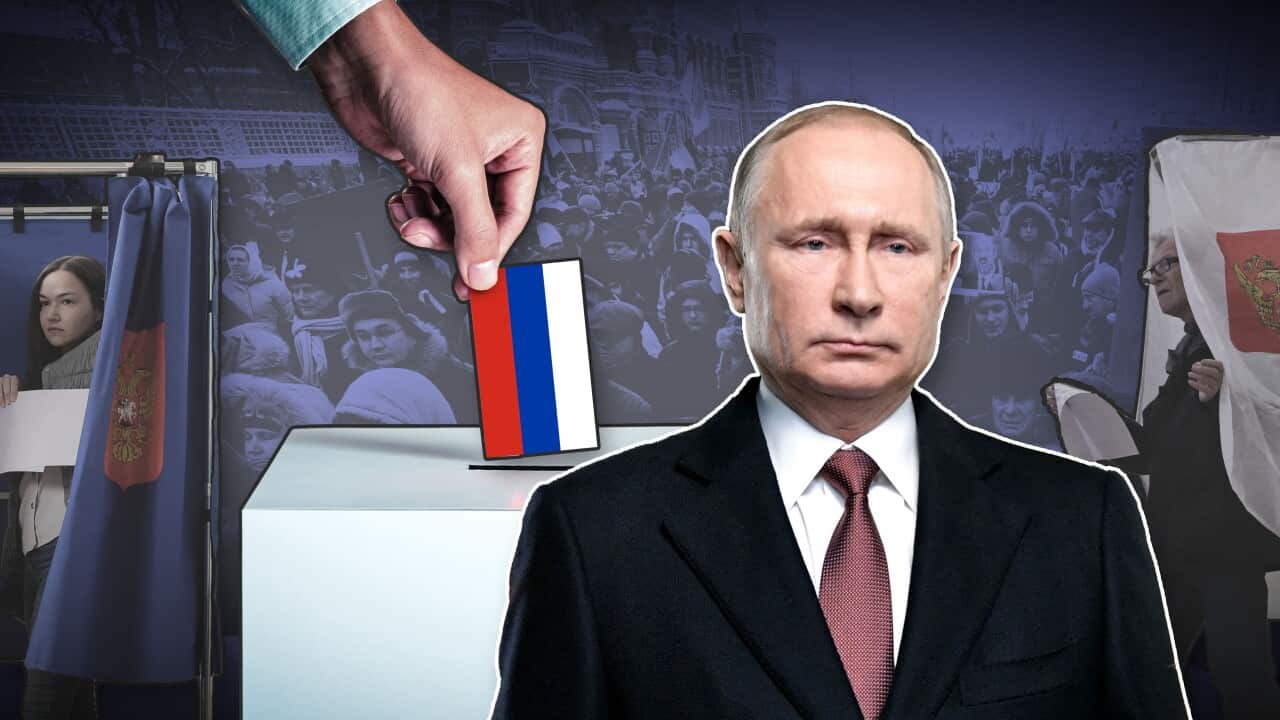 Graphic art featuring a cut out of Vladimir Putin wearing a suit. Behind him there is a hand placing a small Russian 'flag' into a ballot box and black and white images of crowds of people.