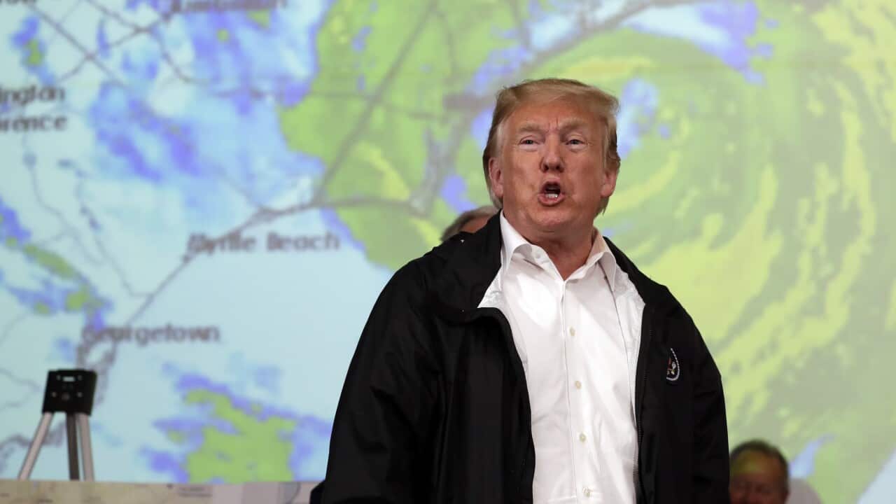 US President Donald Trump at a Hurricane Florence briefing in 2018.