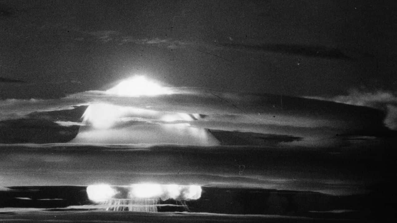 6th November 1952:  The fireball of heated expanding gas from the first H-Bomb explosion (US) at Eniwetok Atoll in the Pacific.  (Photo by Three Lions/Getty Images)