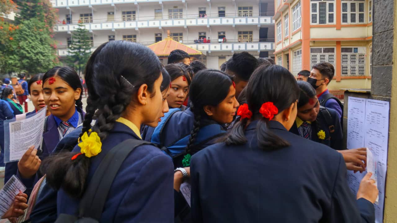 A representative image of students in Nepal checking the seat plan of Secondary Education Examination (SEE) inside a exam center in Kathmandu on 31 March, 2023.