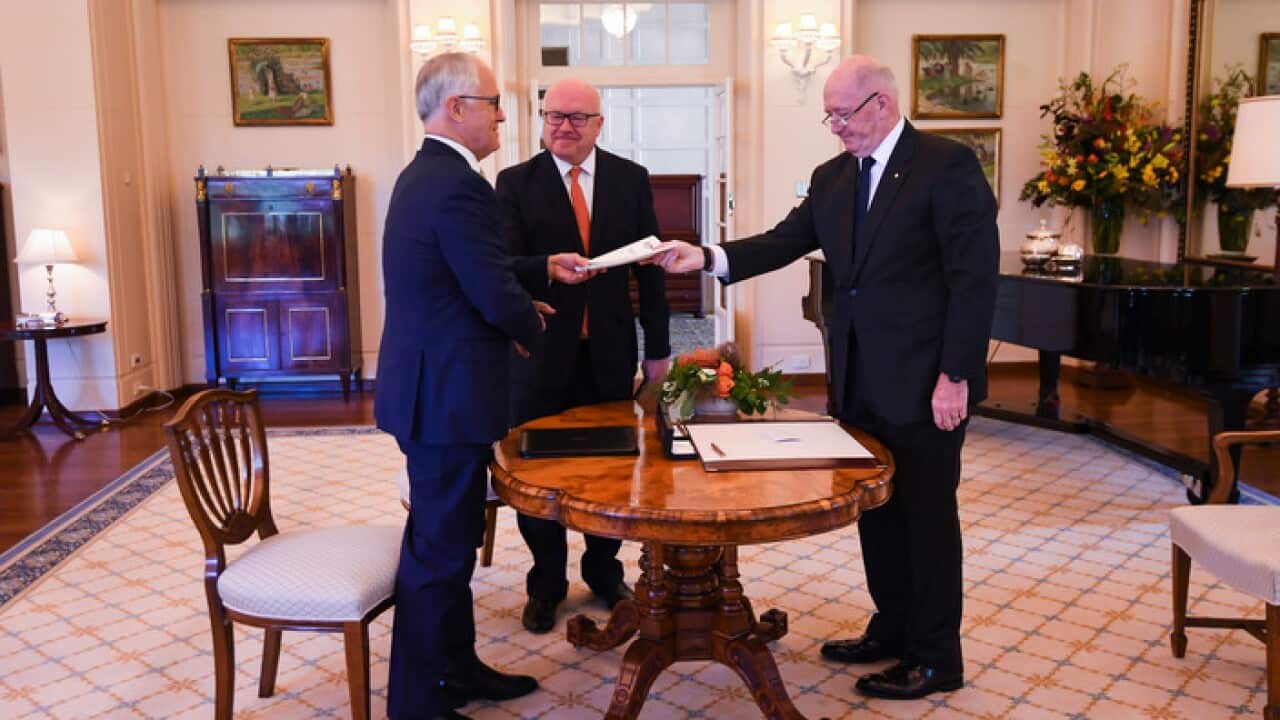 Australian Prime Minister Malcolm Turnbull (left) and Australian Attorney-General George Brandis Australian Governor-General Sir Peter Cosgrove