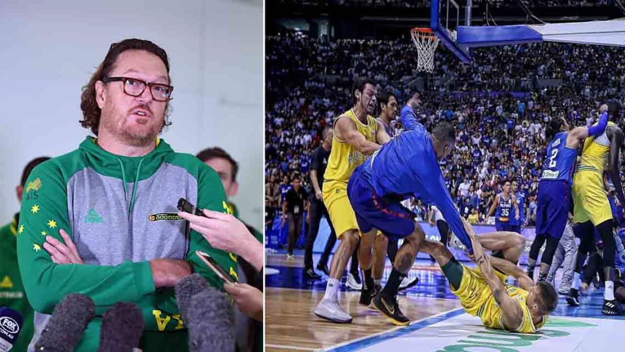 Boomers assistant coach Luc Longley has slammed the Philippines coach following an on-court brawl. 
