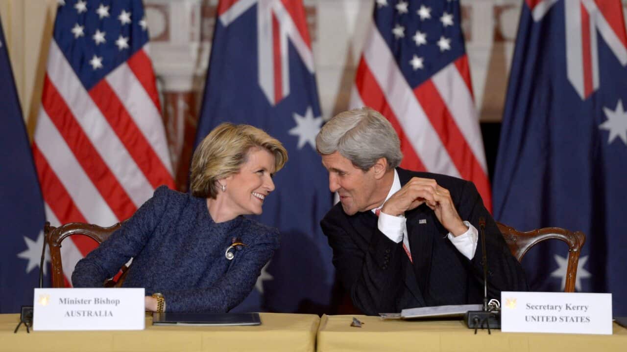 US Secretary of State John Kerry talks with Australian Foreign Minister Julie Bishop - AAP.jpg