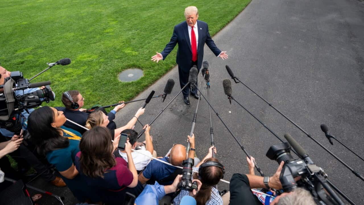 US President Donald J. Trump speaks to the media as he departs the White House for a campaign event in Florida in Washington, DC, USA, 18 June 2019.
