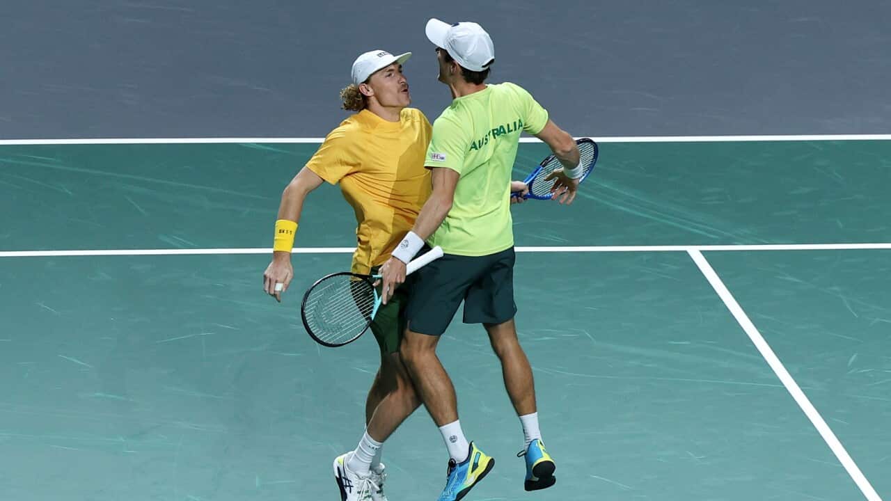 Matthew Ebden (R) and Max Purcell (L) of Australia celebrate the victory at the 2023 Davis Cup quarterfinals against Czech Republic