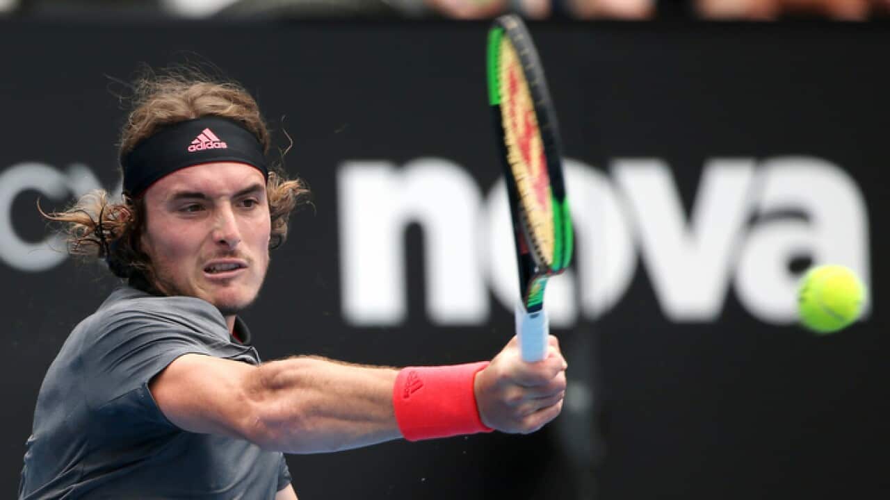 Stefanos Tsitsipas of Greece hits a forehand to Andreas Seppi of Italy during their men's singles match at the Sydney International tennis tournament in Sydney, Thursday, Jan. 10, 2019. (AP Photo/Rick Rycroft)