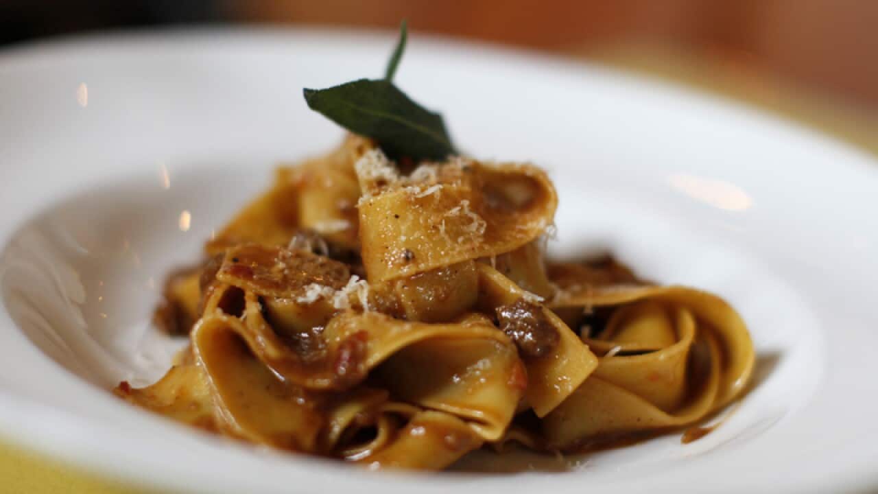 A dish of pappardelle pasta