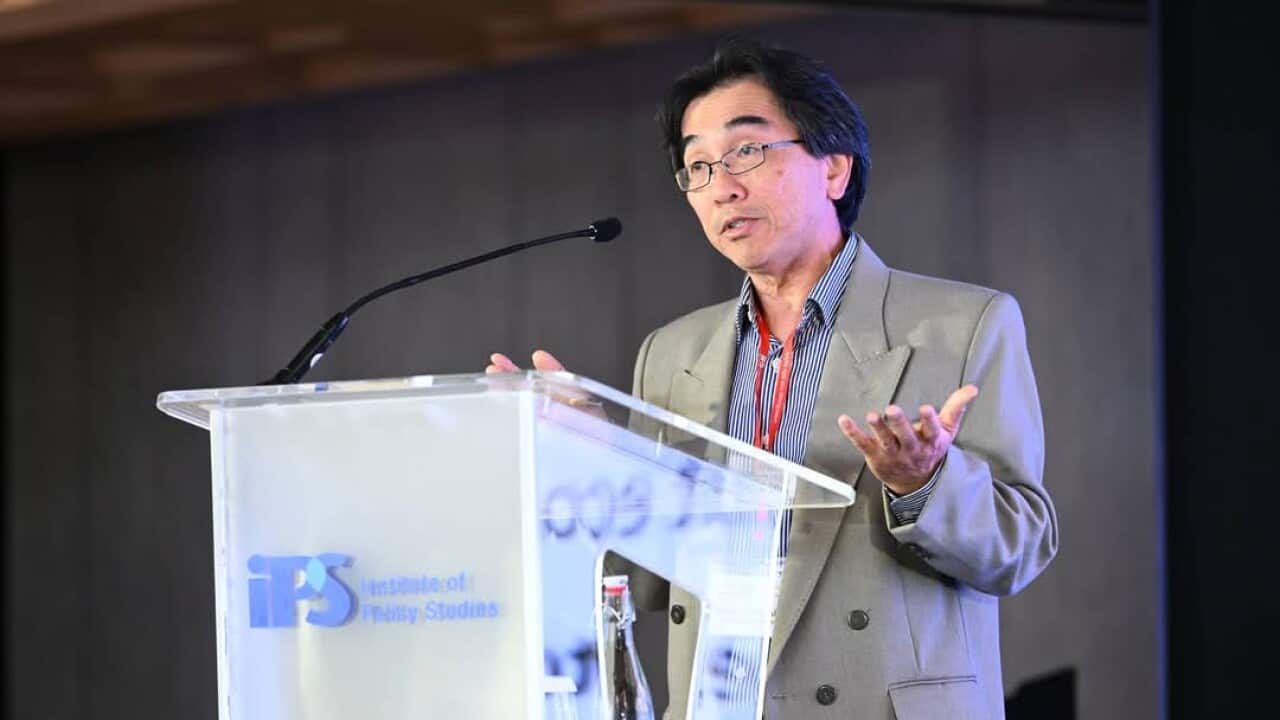 Dr Taufiq Tanasaldy, Senior Lecturer in Asian and Indonesian Studies, in the School of Humanities in the College of Arts, Law and Education of the University of Tasmania delivering his keynote presentation at the Institute of Policy Studies – MHA Forum at the National University of Singapore, July 2024. Credit photo: IPS-MHA Forum 2024.