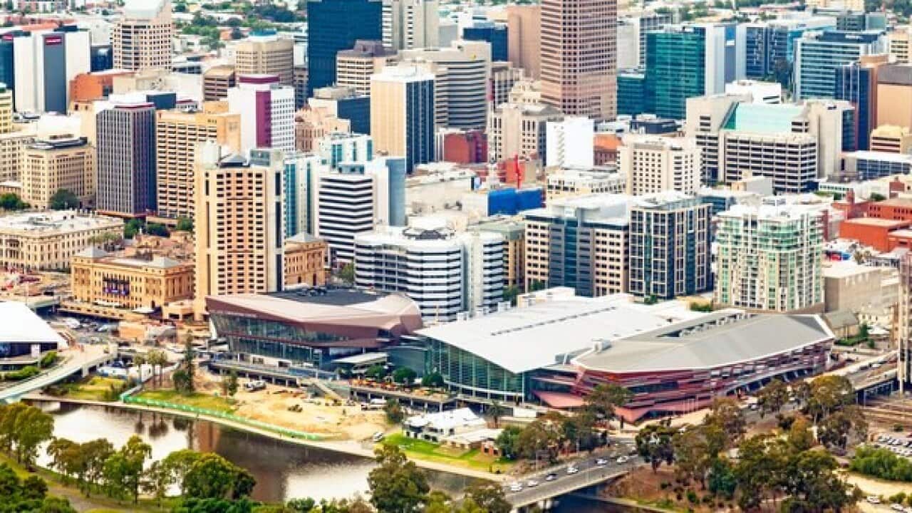 Aerial view City of Adelaide CBD, Torrens River