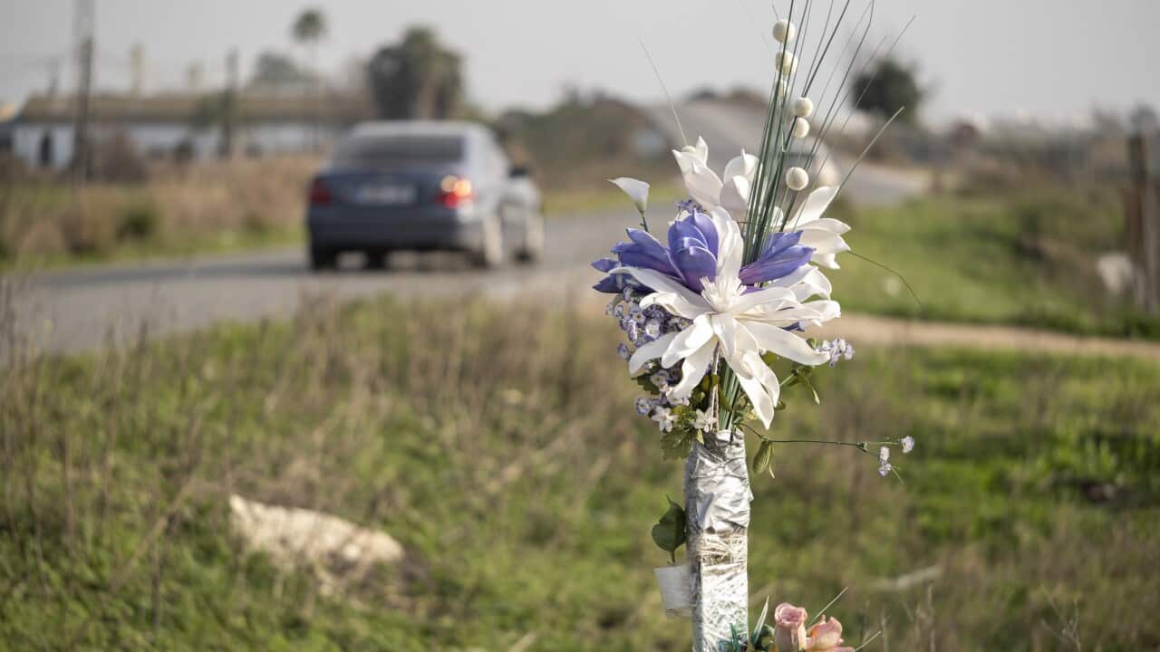 Memorial bouquet at the site of a road accident
