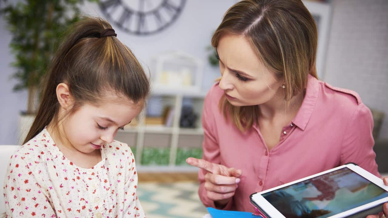 Angry mother scolding the disobedient child. Debica, Poland