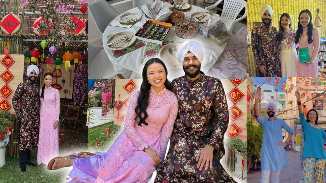 A collage of images with Janine Vu and Tanveer Mokha a cross cultural couple. It shows images of them celebrating Vietnamese Lunar new year cultural festival with Punjabi food and bhangra too.
