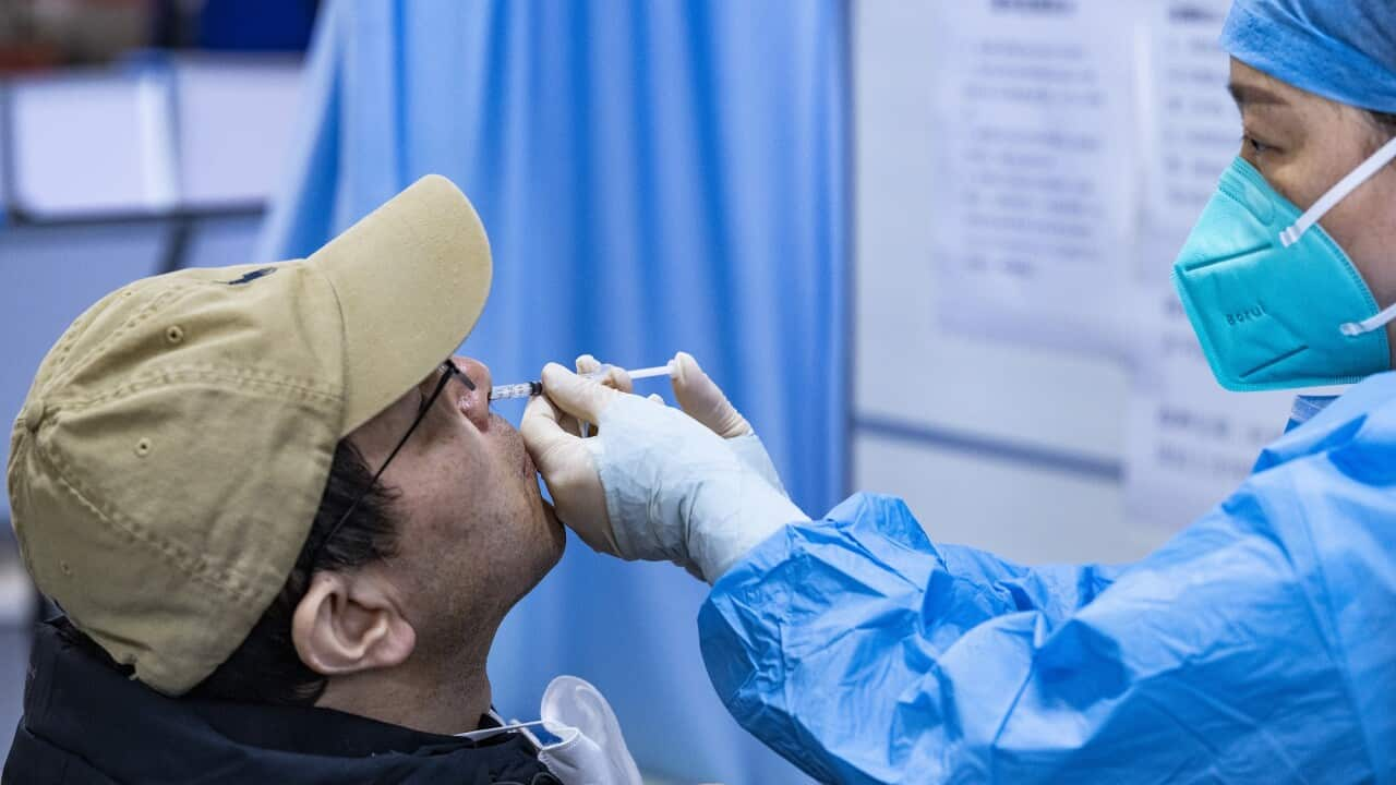 A person receives a nasal spray COVID-19 vaccination. 