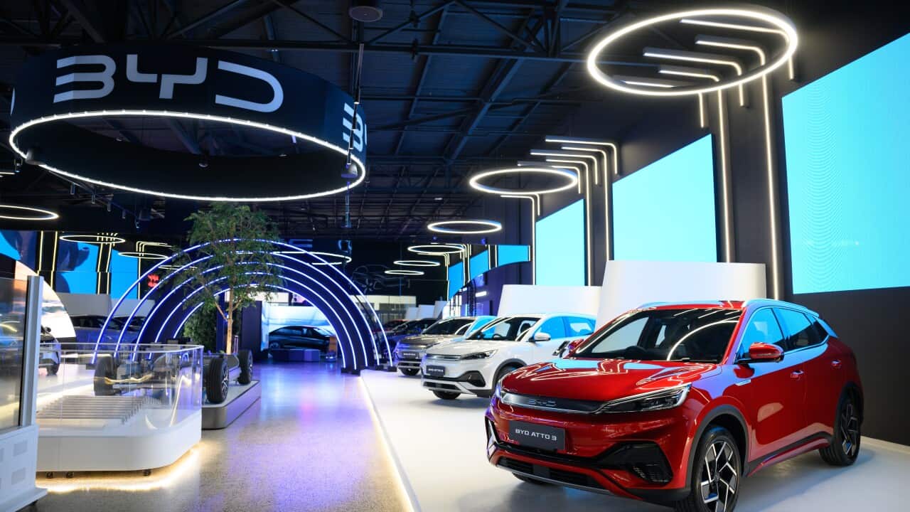 New cars in a showroom.