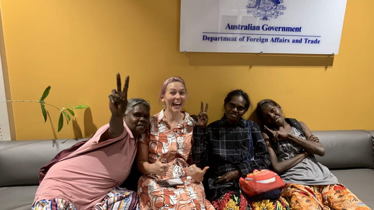 L-R: Elizabeth Kala Kala, Bridget Sampson, Jennifer Wurrkidj and Jesinta Lami Lami at the Darwin Passport Office.