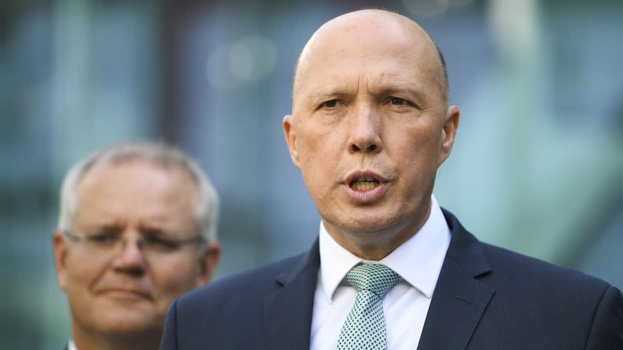 Australian Home Affairs Minister Peter Dutton speaks to the media during an announcement to increase counter-terrorism measures at Canberra Airport in Canberra, Friday, December 6, 2019. (AAP Image/Lukas Coch) NO ARCHIVING