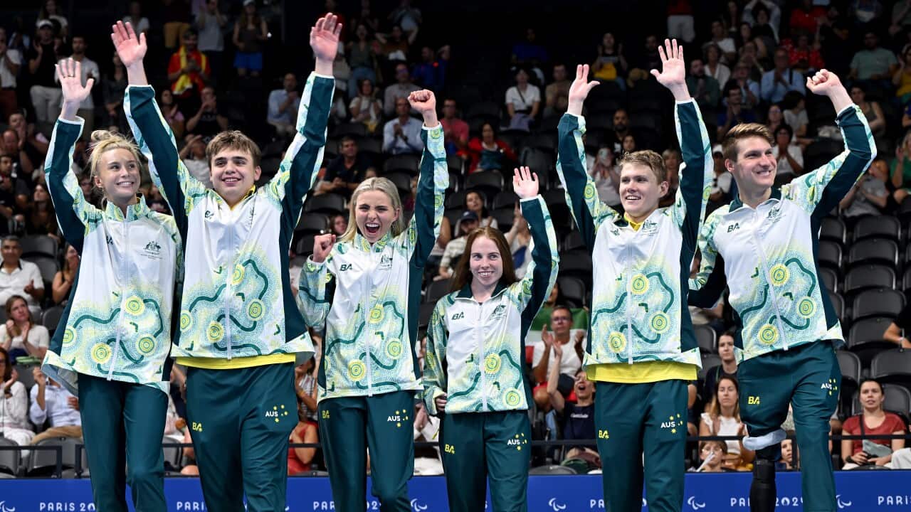 (L-R) Team Australia swimmers Keira Stephens, Callum Simpson, Alexa Leary, Emily Beecroft, Timothy Hodge and Jesse Aungles react on the podium after winning Gold in the Mixed 4x100M Medley Relay at La Defense Arena, Monday, September 2, 2024 as part of the 2024 Paris Paralympic Games in Paris, France.