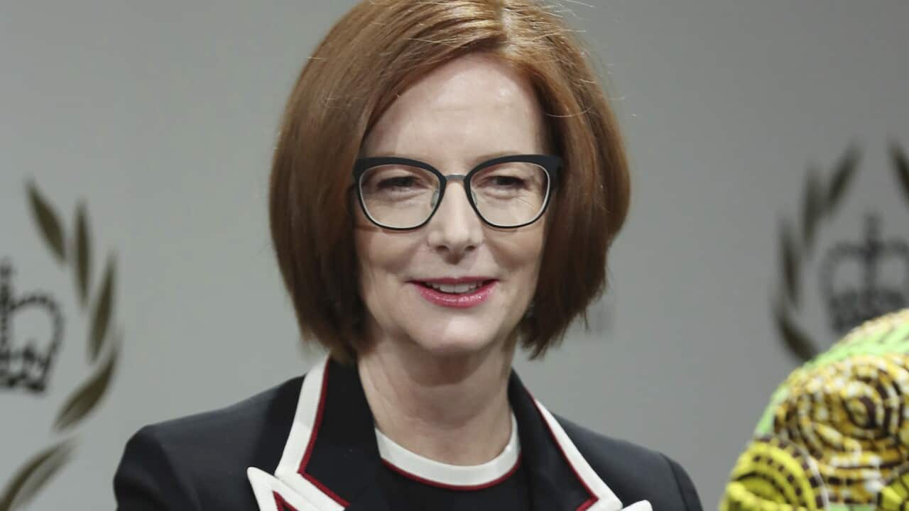 Former Australian Prime Minister Julia Gillard takes part in a panel discussion convened by the Queen's Commonwealth Trust to mark International Women's Day in London on Friday March 8, 2019. (Daniel Leal-Olivas/Pool via AP)