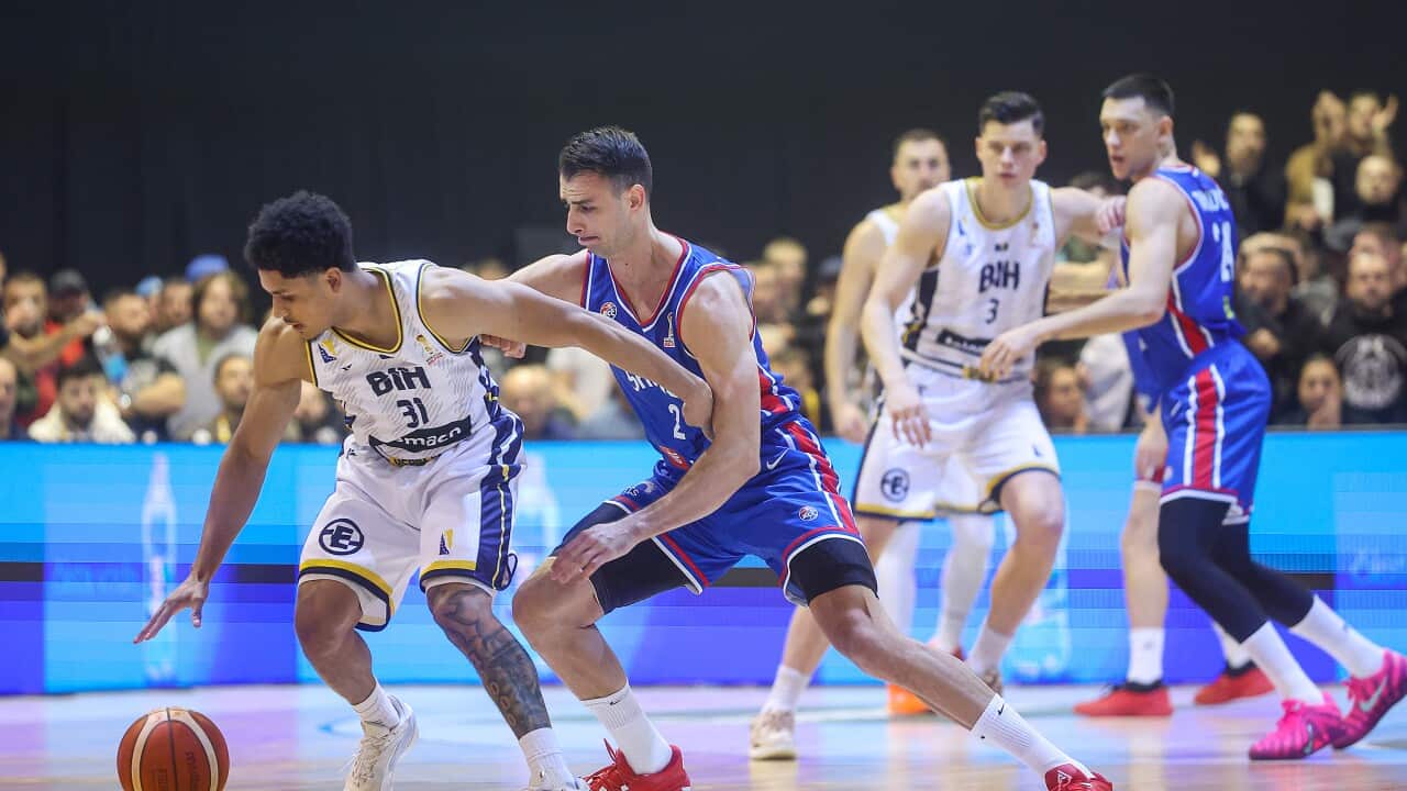 Xavier Castaneda of Bosnia and Herzegovina and Nemanja Dangubic of Serbia during the FIBA Basketball World Cup 2027 European Qulifiers group C match between Bosnia and Herzegovina at Sports Hall Mirza Delibasic - Skenderija on November 30, 2025