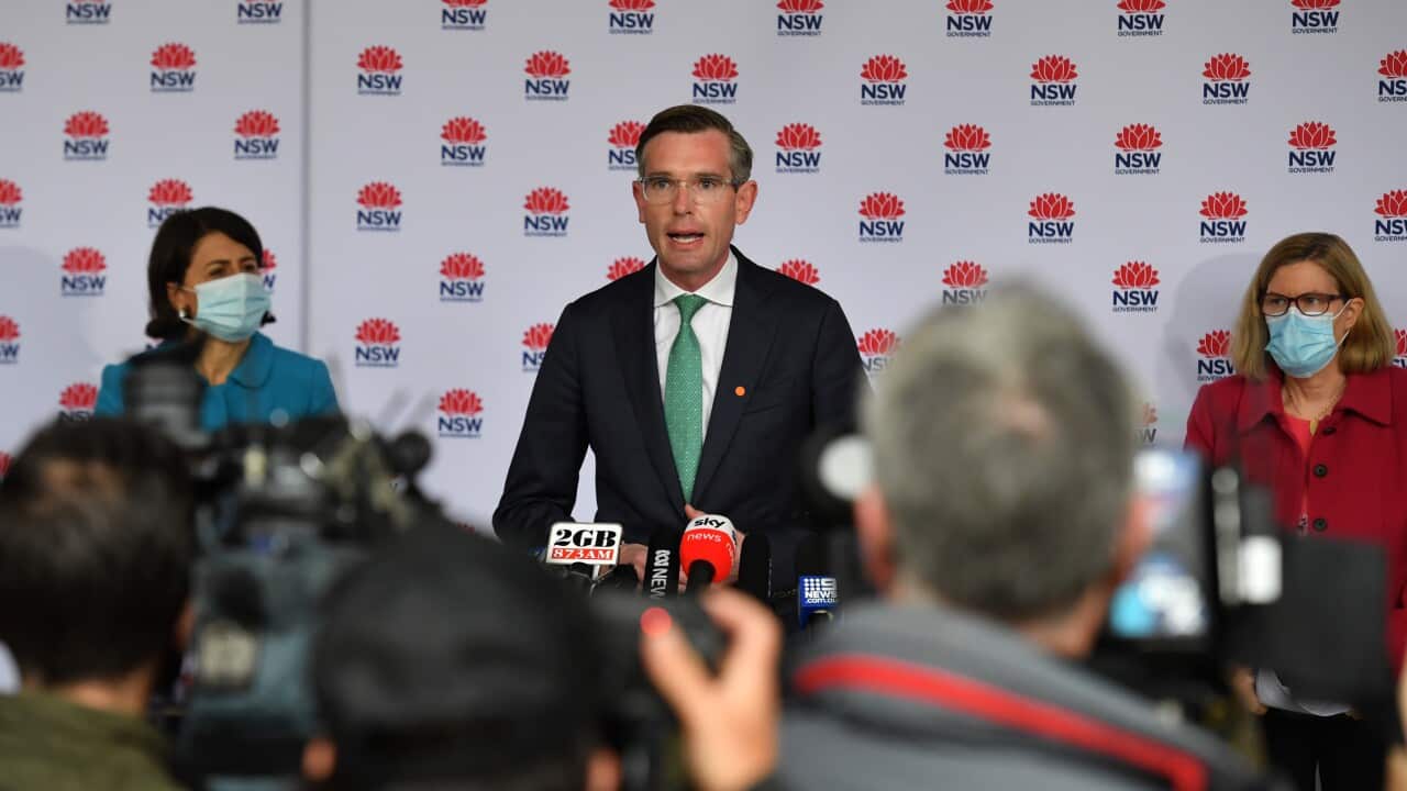 NSW Treasurer Dominic Perrottet talks to the media during a COVID-19 update in Sydney, Tuesday, June 29, 2021. (AAP Image/Mick Tsikas) NO ARCHIVING