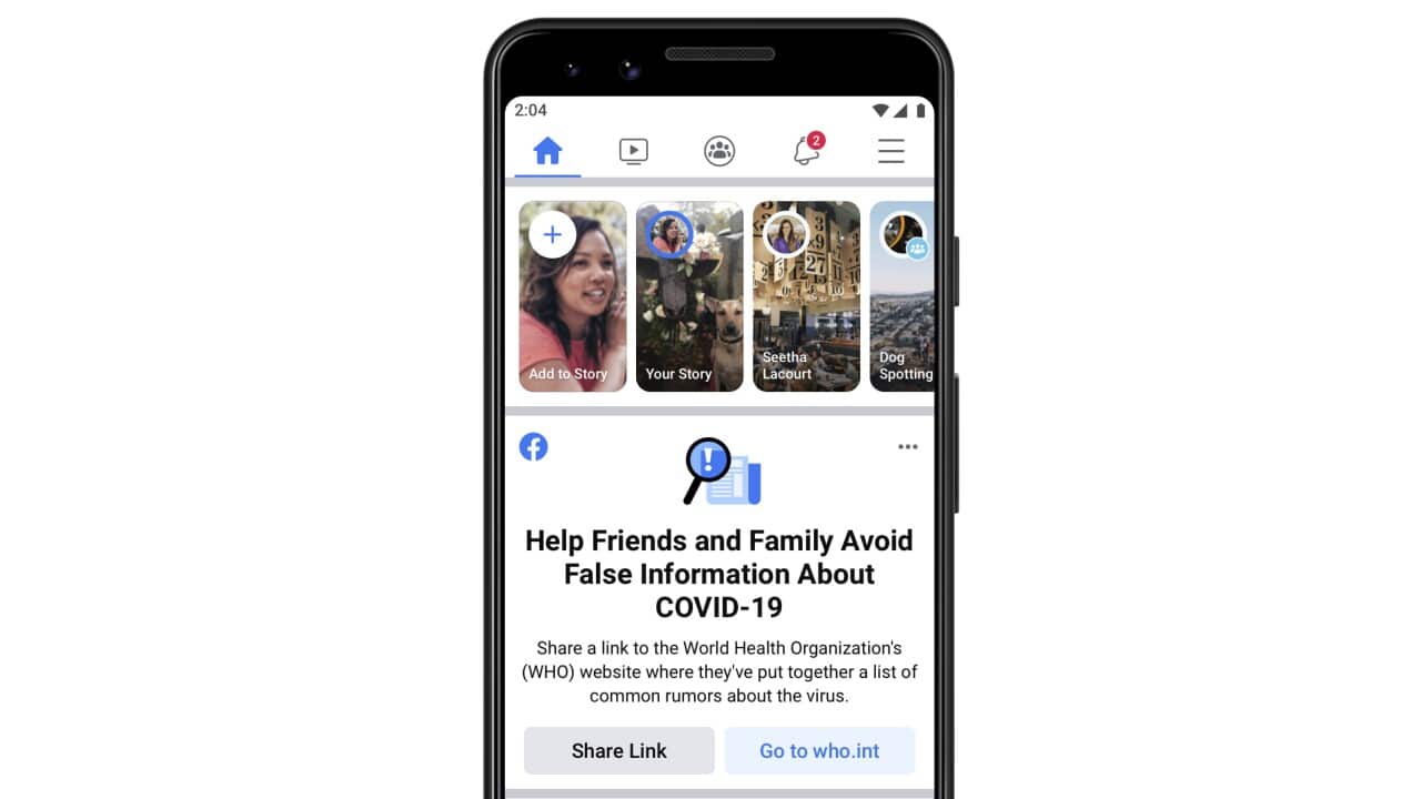 This undated image provided by Facebook shows the Facebook app on a cellular telephone. Facebook will soon let you know if you shared or interacted with dangerous coronavirus misinformation on the site, the latest in a string of aggressive efforts the soc