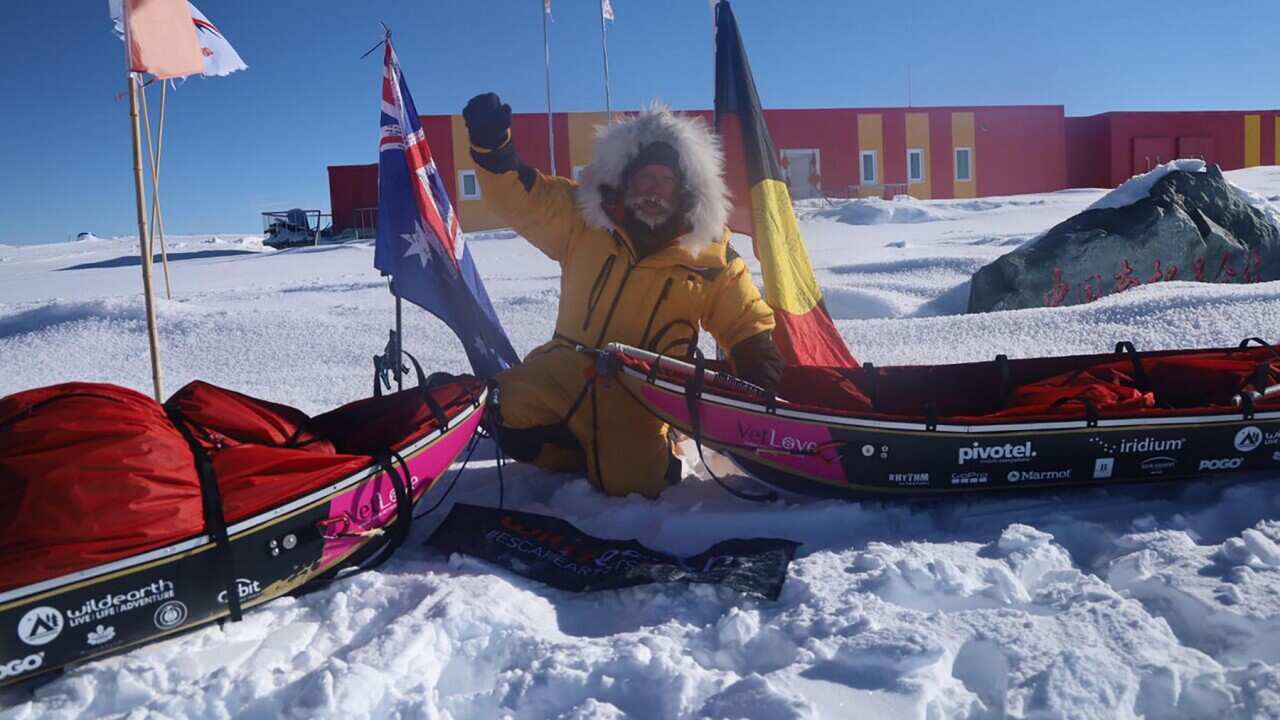 Australian explorer Geoff Wilson after reaching the Antarctic Plateau summit (AAP)