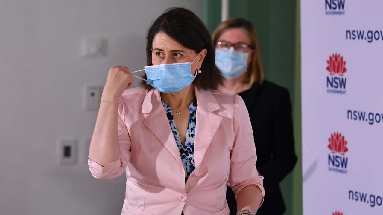 NSW Premier Gladys Berejiklian arrives at the press conference in Sydney.