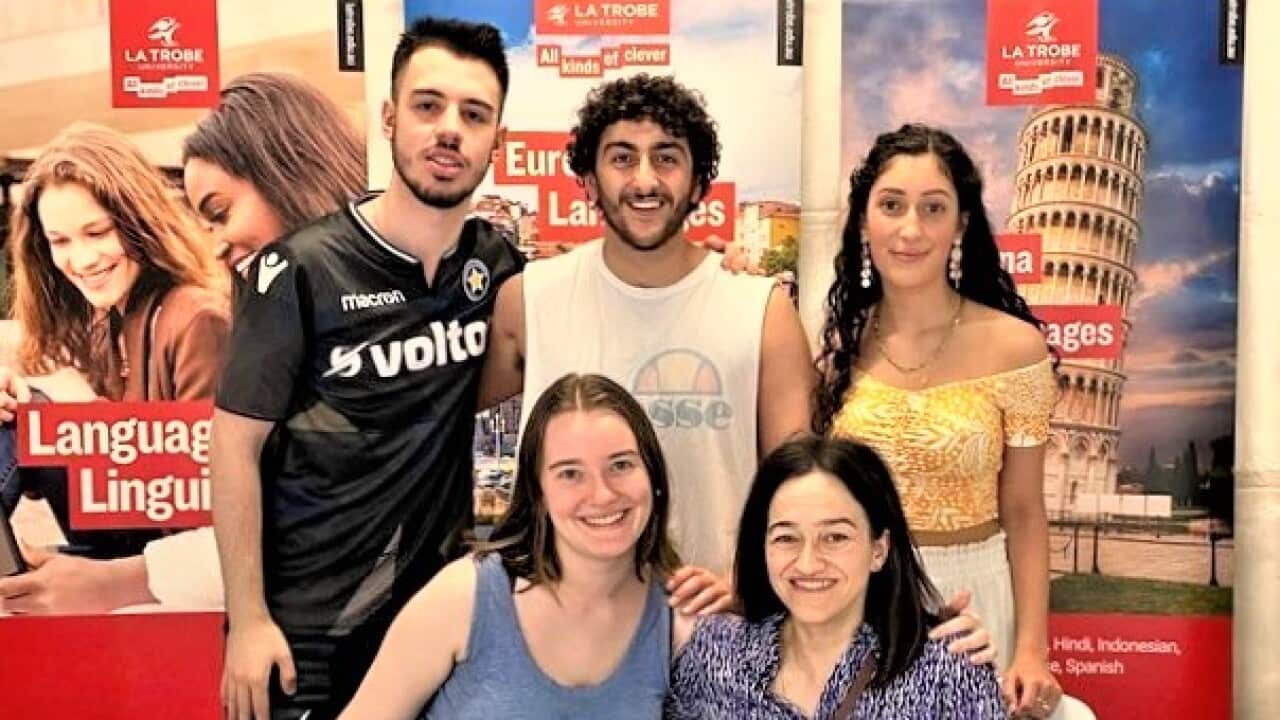 Coordinator Dr Stephie Nikoloudis (B-R), coordinator of La Trobe's Modern Greek Studies program, with students.