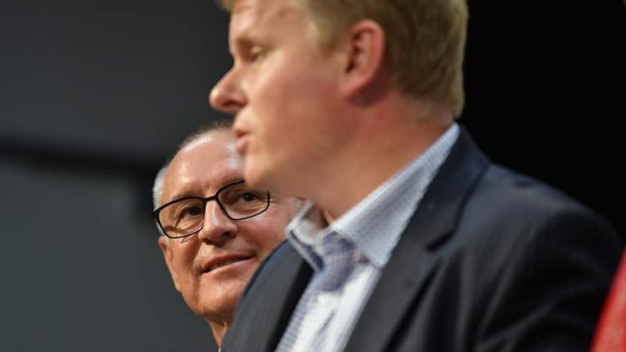 SA Premier Jay Weatherill and Sonnen Australia head Chris Parratt.