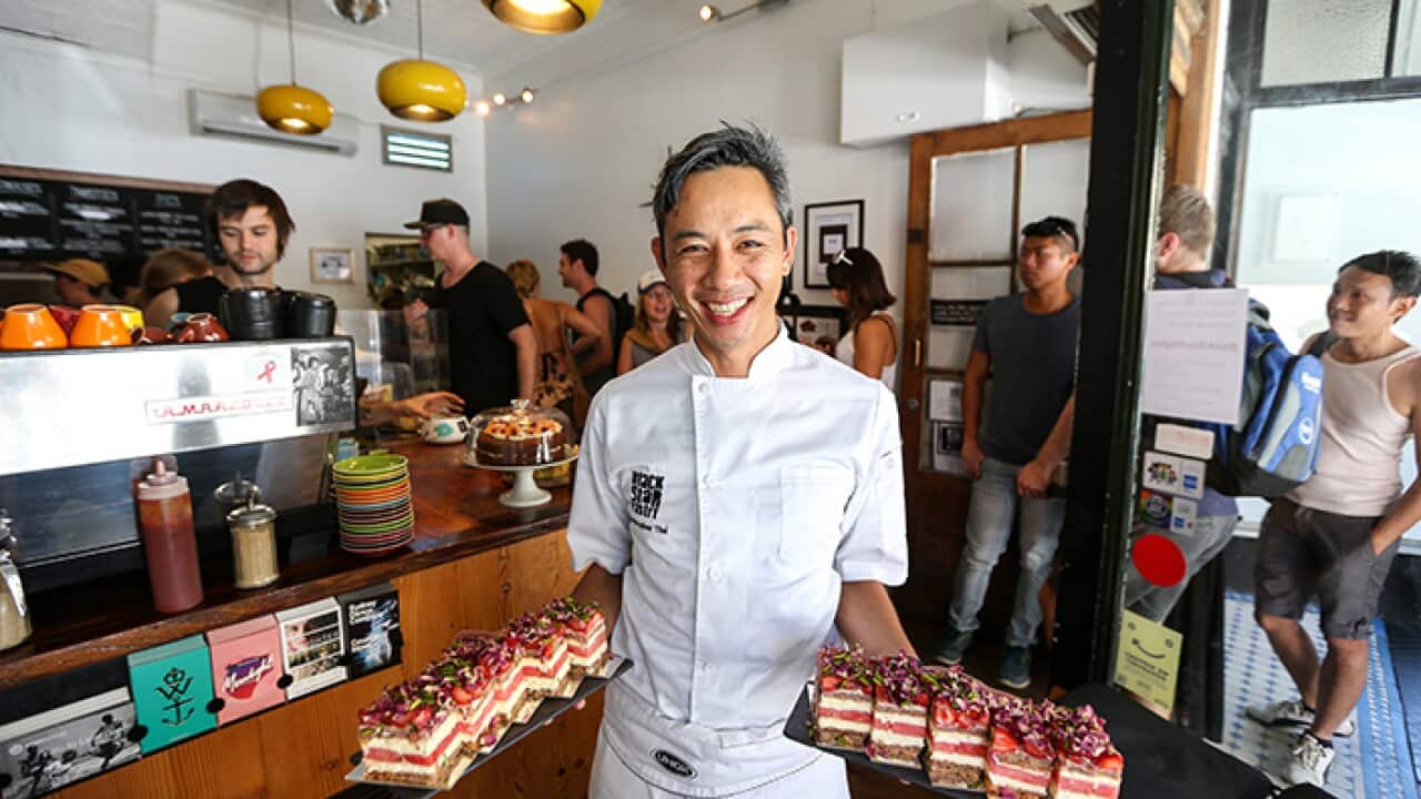 Black Star Pastry, Newtown, Sydney. 13th February 2016 - Chris The, owner of Black Star Pastry will address the first City of Sydney 2016 Business 101 Seminar at Customs House. Chris holds slices of his famous strawberry watermelon cake.