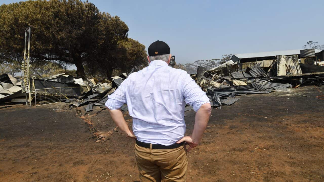Prime Minister Scott Morrison surveys the damage at Stokes Bay on Kangaroo Island, southwest of Adelaide.