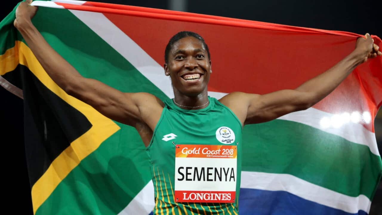 South Africa's Caster Semenya celebrates after winning the woman's 800m final at Carrara Stadium during the 2018 Commonwealth Games on the Gold Coast, Australia (AAP)