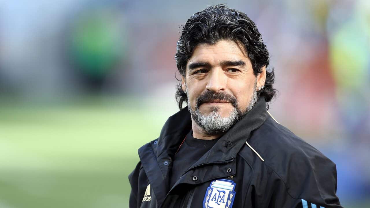 Diego Maradona prior to the FIFA World Cup 2010 quarter final match between Argentina and Germany.