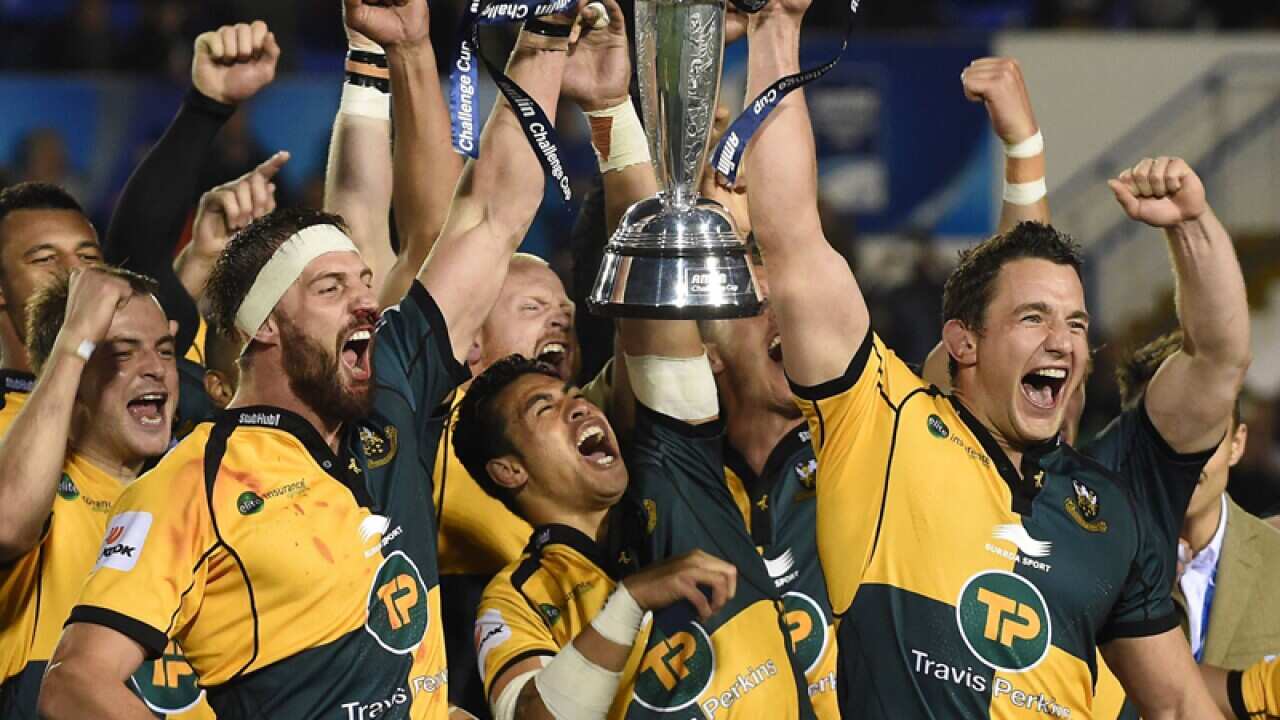 Northampton Saints celebrate after beating Bath