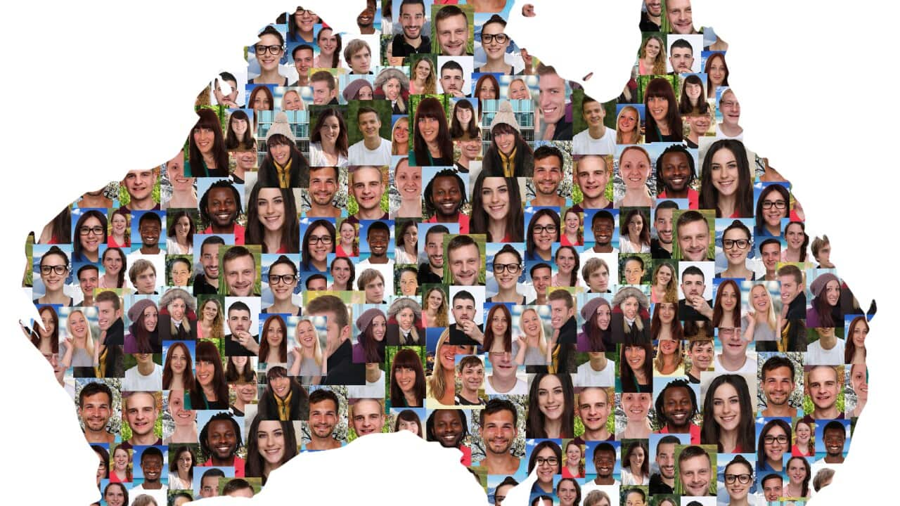 A map of Australia with faces of people from different ethnicities.